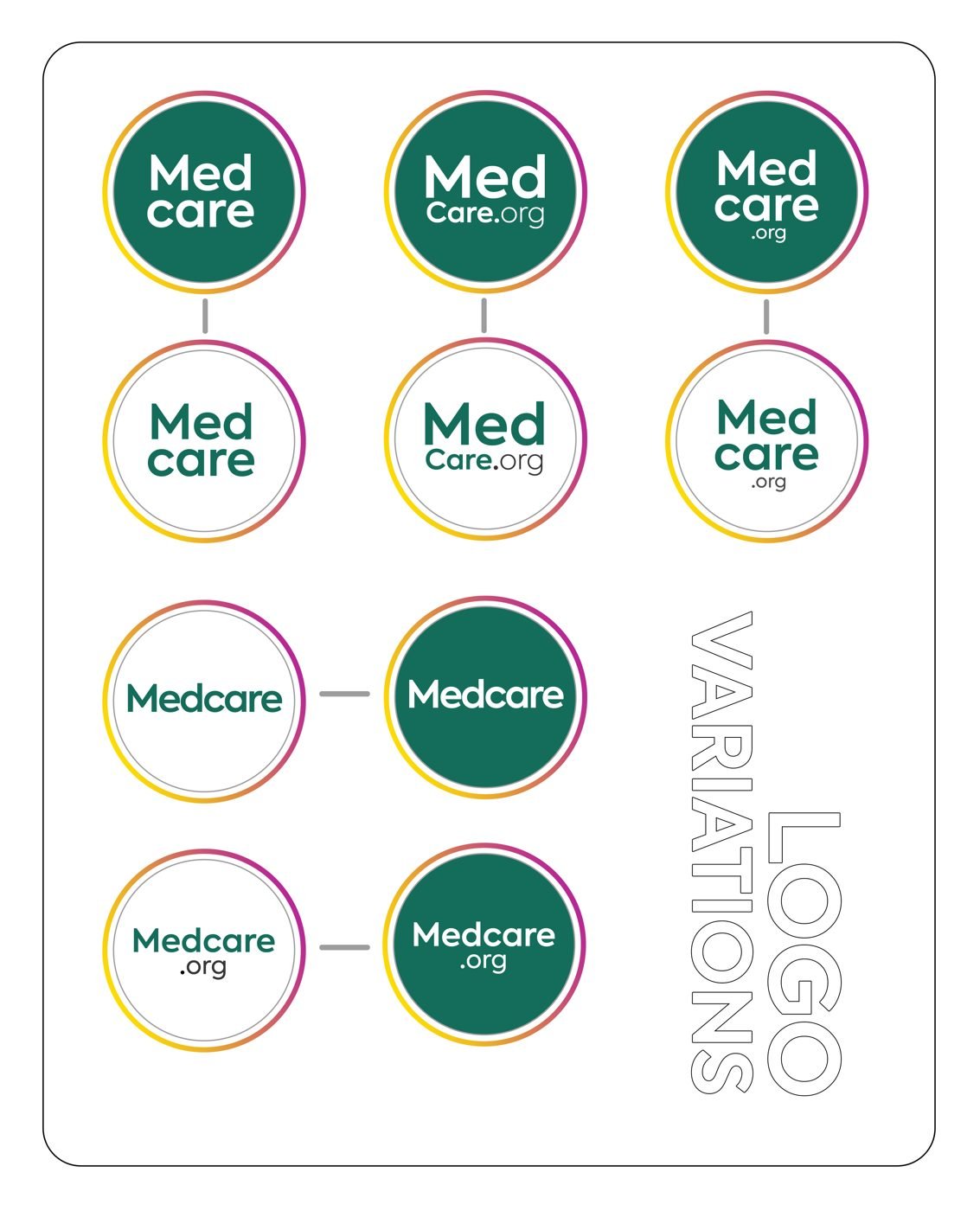 Medcare logo variations sheet showing circular icon, wordmark, and lockup options in the brand's gradient ring