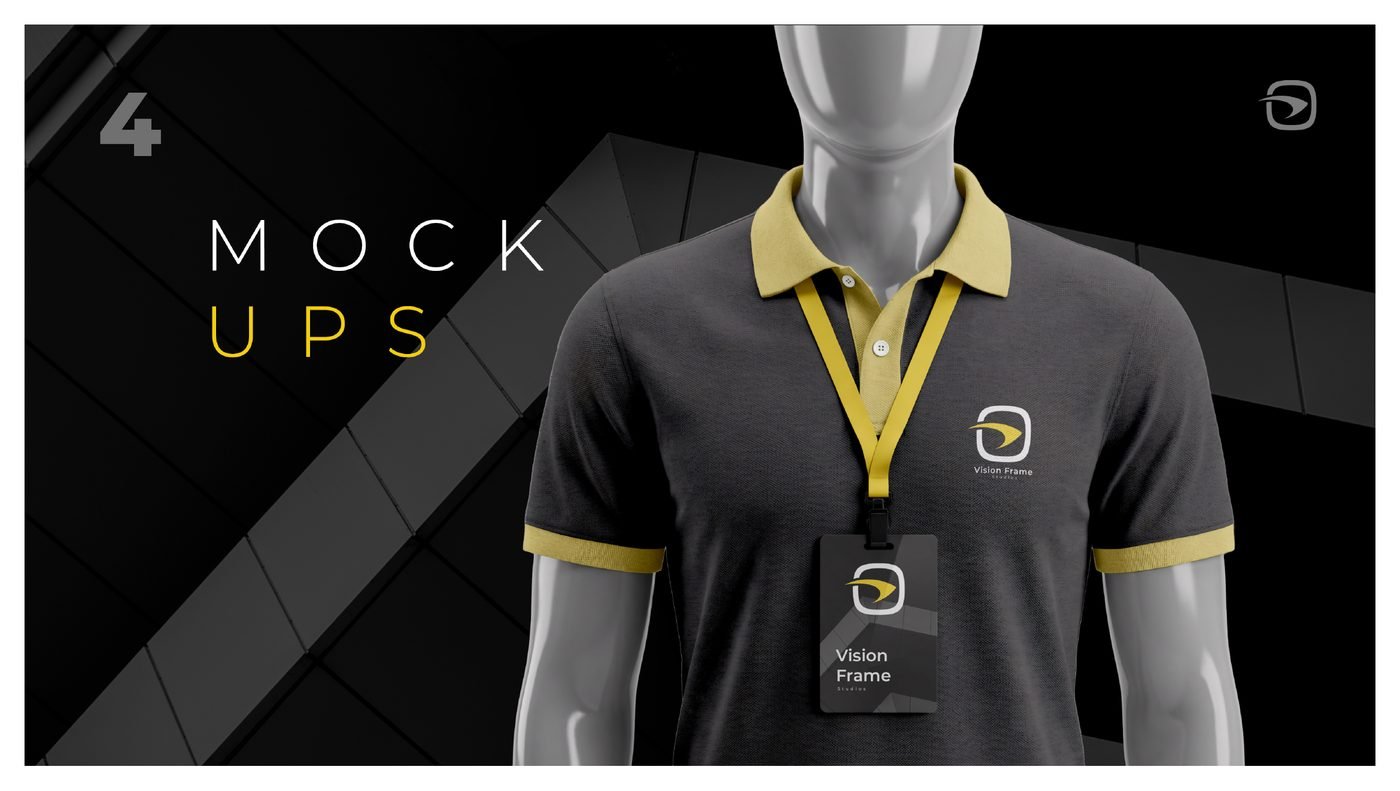 Vision Frame Studios logo applied to a branded polo shirt and staff ID badge