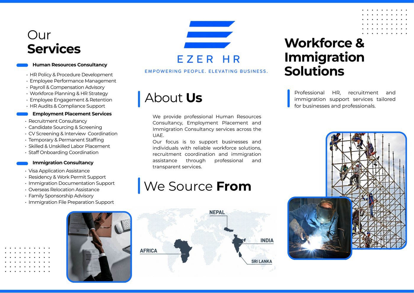 Ezer HR company profile brochure, page one, showing services and about us