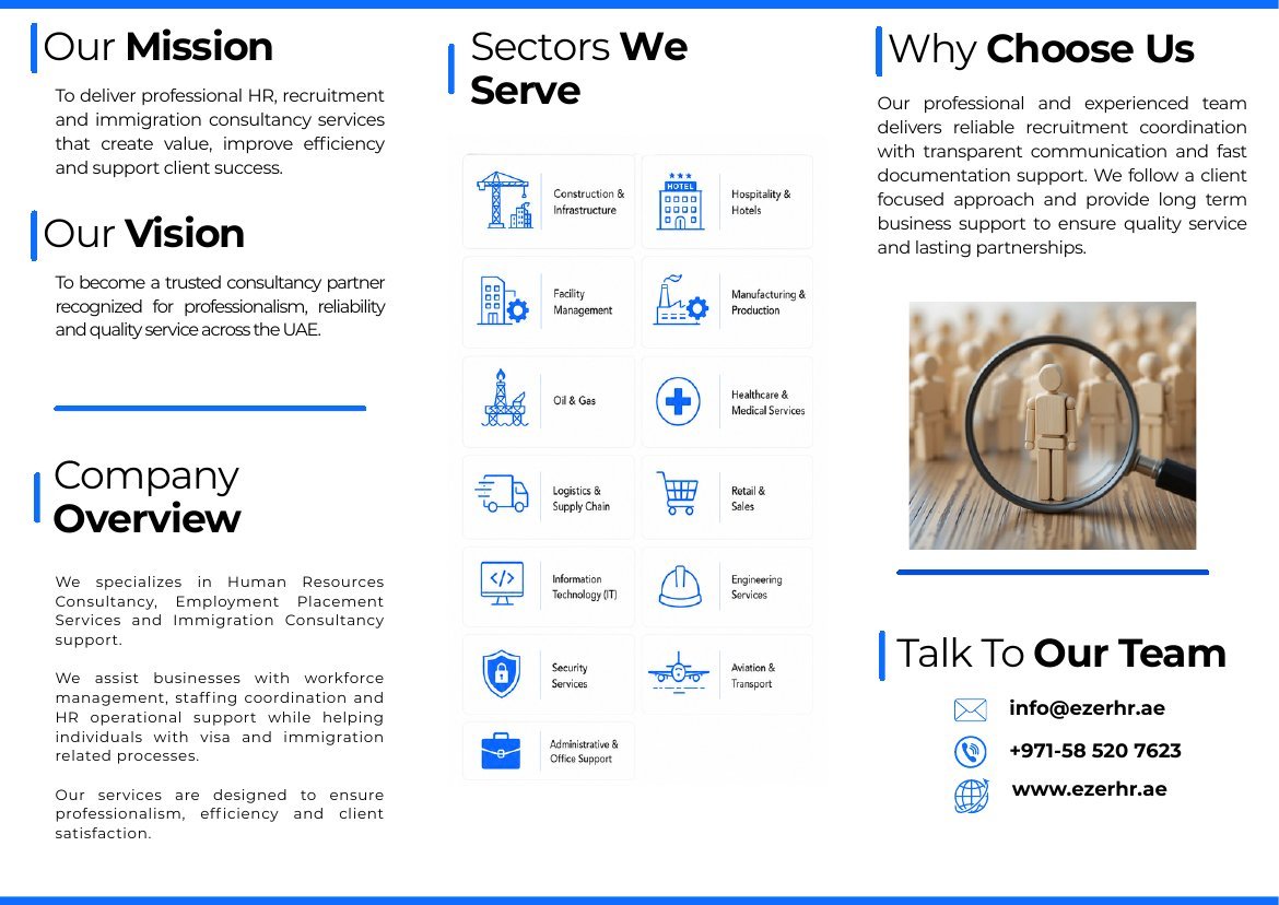 Ezer HR company profile brochure, page two, showing mission, vision, and sectors served