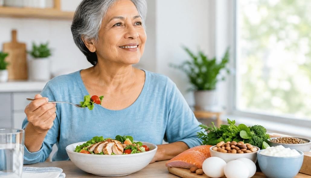 Senior woman eating a protein-rich salad with salmon, eggs, and nuts