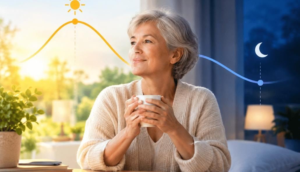 Woman with coffee beside a sunrise-to-moon cortisol rhythm graphic