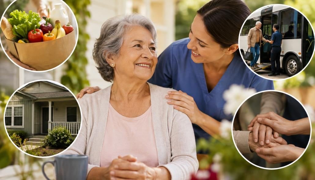 Collage of groceries, a home, a caregiver with a senior, and accessible transport