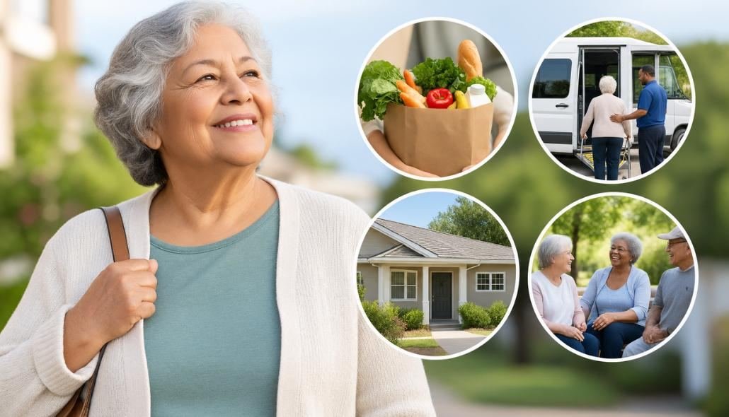 Senior woman with a collage of groceries, transportation, housing, and friends