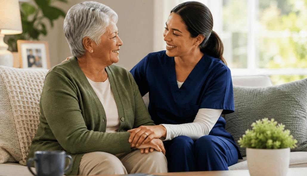 Nurse comforting a senior patient at home