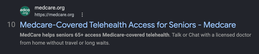 Google search result showing medcare.org ranking on page 1 for a Medicare telehealth search
