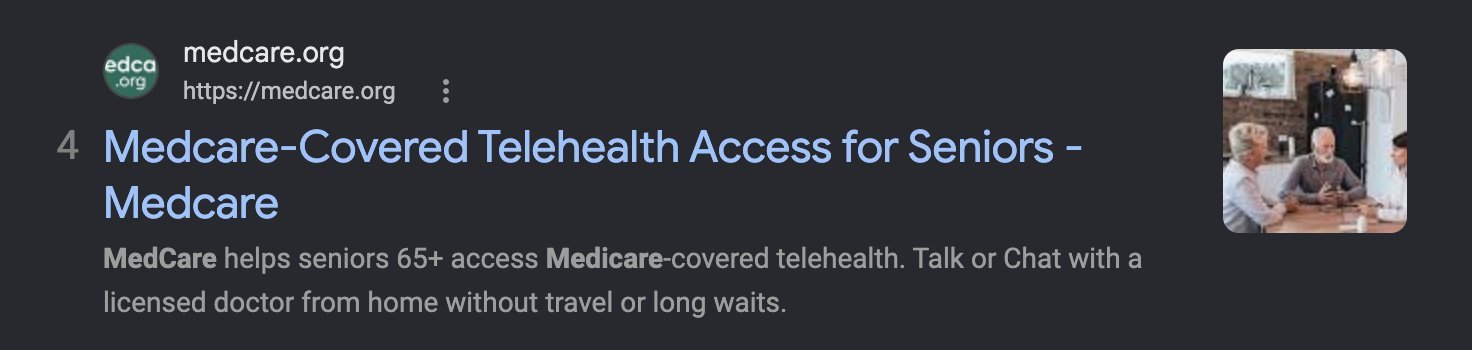 Google search result showing medcare.org ranking at position 4 for a Medicare telehealth search term