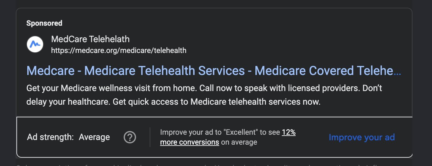 Google Sponsored ad result for MedCare Telehealth with ad strength rating