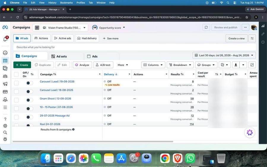 Meta Ads Manager campaigns dashboard showing managed ad campaigns