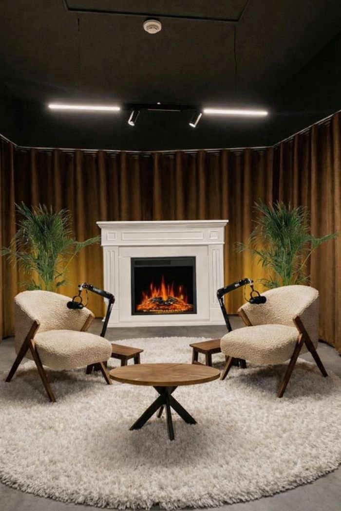 Finished podcast studio after the redesign, with fireplace, boucle chairs, and warm lighting